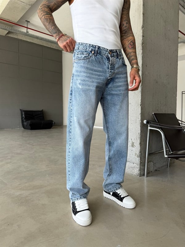 Yırtık Detaylı Baggy Fit Pantolon - Mavi