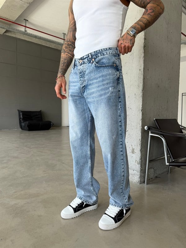 Yırtık Detaylı Baggy Fit Pantolon - Mavi