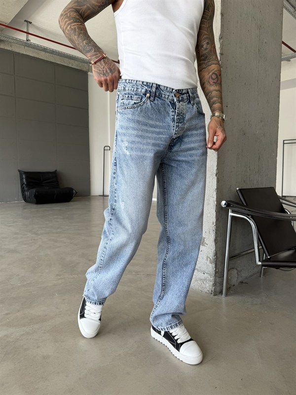 Yırtık Detaylı Baggy Fit Pantolon - Mavi