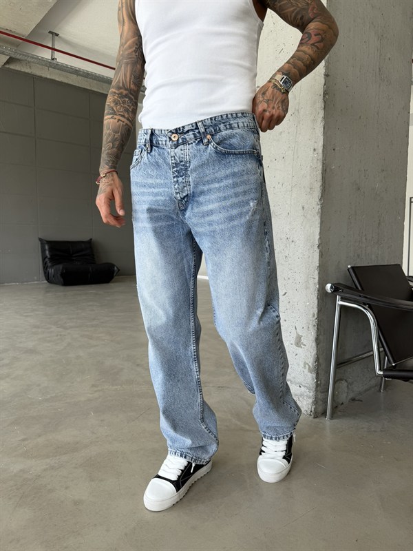 Yırtık Detaylı Baggy Fit Pantolon - Mavi
