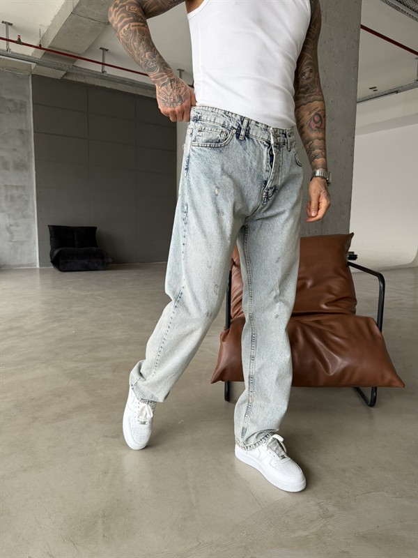 Yırtık Detaylı Baggy Fit Pantolon - Mavi