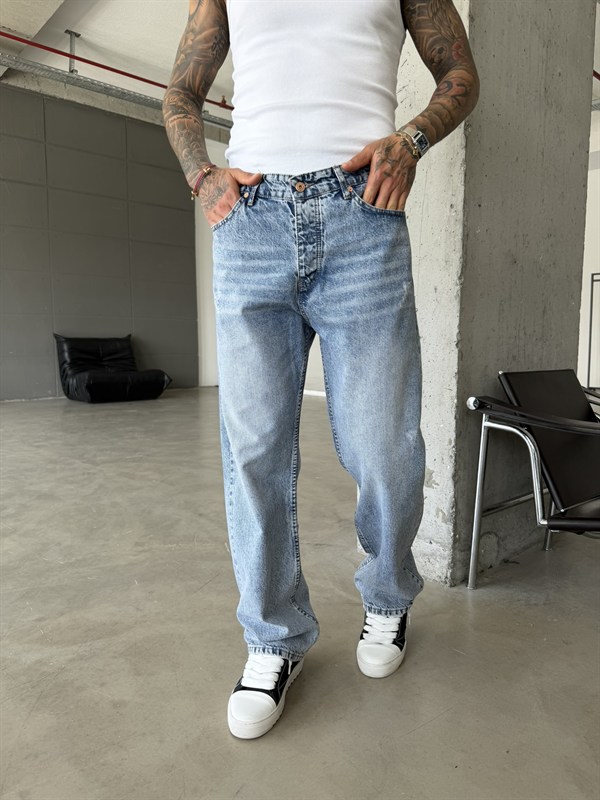 Yırtık Detaylı Baggy Fit Pantolon - Mavi
