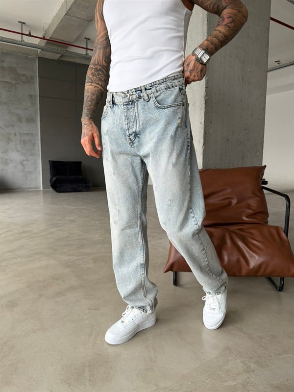 Yırtık Detaylı Baggy Fit Pantolon - Mavi