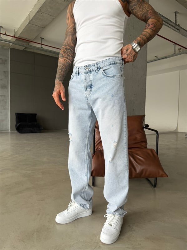 Yırtık Detaylı Baggy Pantolon - Buz Mavi