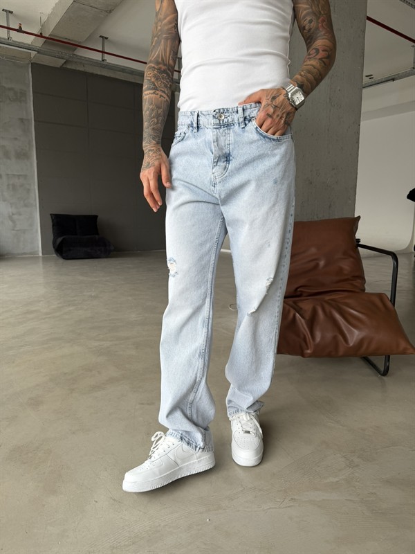 Yırtık Detaylı Baggy Pantolon - Buz Mavi