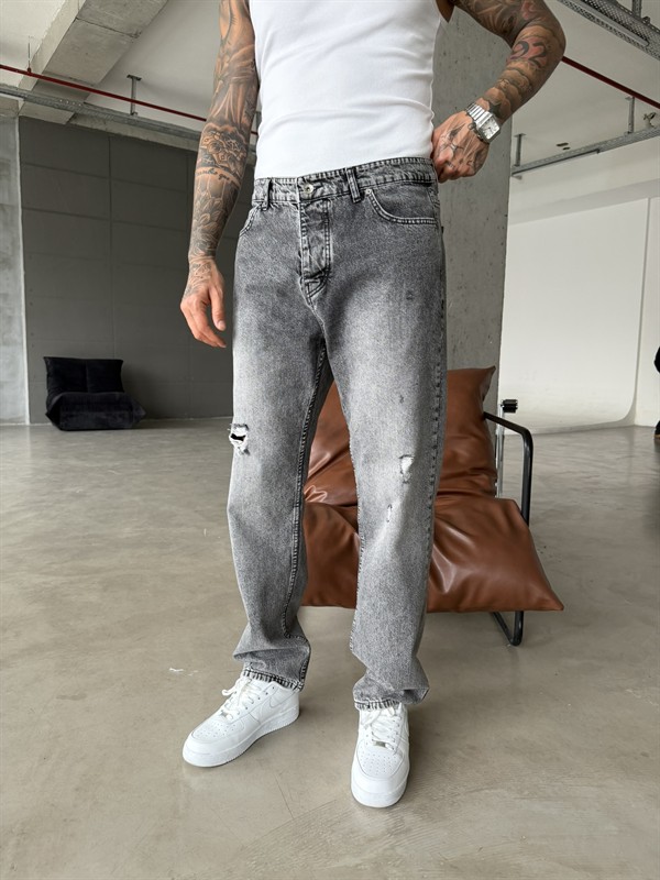 Yırtık Detaylı Baggy Pantolon - Gri