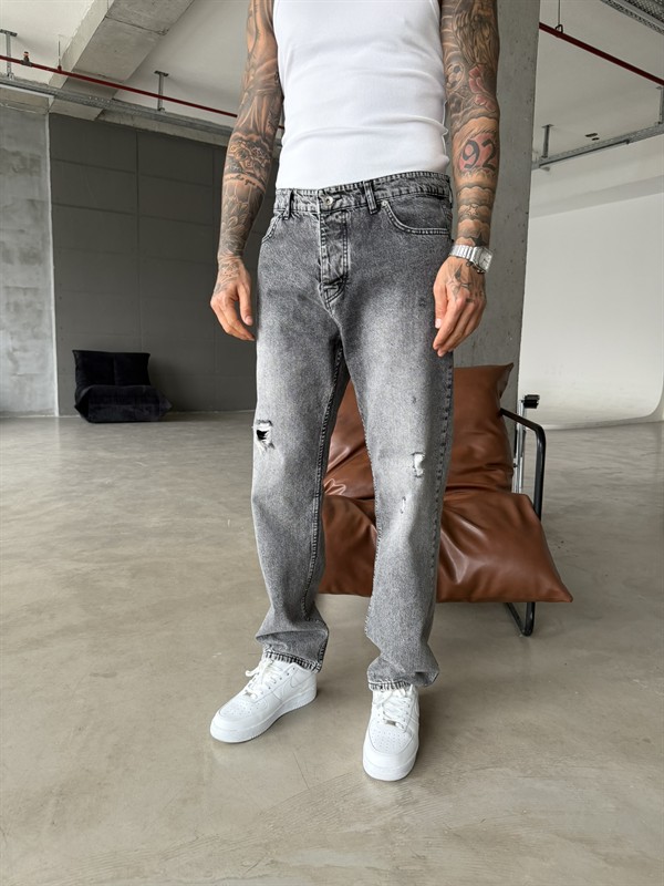 Yırtık Detaylı Baggy Pantolon - Gri