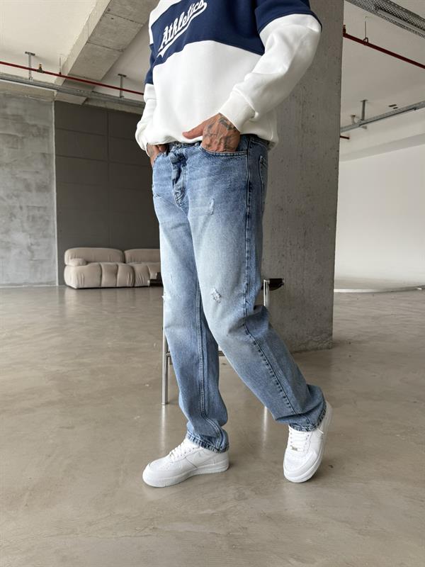 Yırtık Detaylı Koyu Baggy Pantolon - Mavi