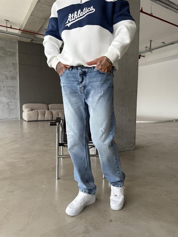 Yırtık Detaylı Koyu Baggy Pantolon - Mavi