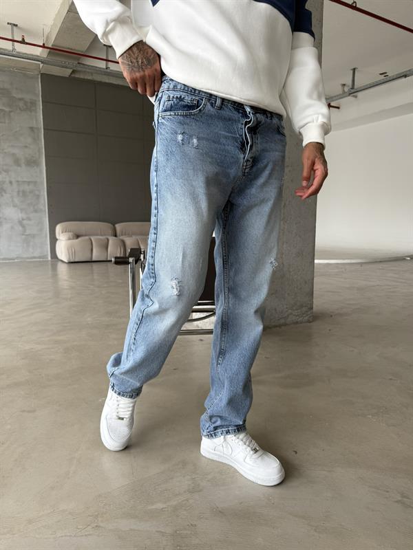 Yırtık Detaylı Koyu Baggy Pantolon - Mavi