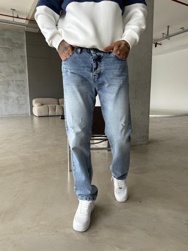 Yırtık Detaylı Koyu Baggy Pantolon - Mavi