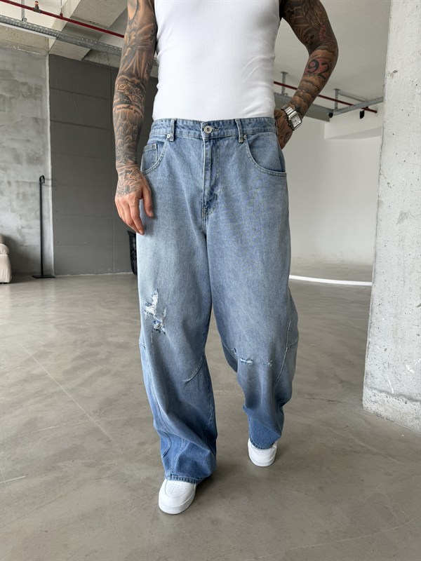 Yırtık Detaylı Super Baggy Pantolon - Mavi