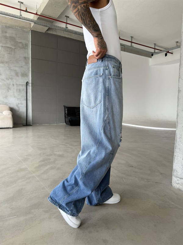 Yırtık Detaylı Super Baggy Pantolon - Mavi