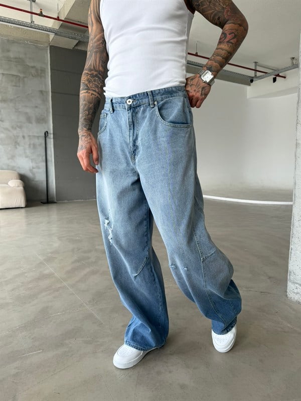 Yırtık Detaylı Super Baggy Pantolon - Mavi