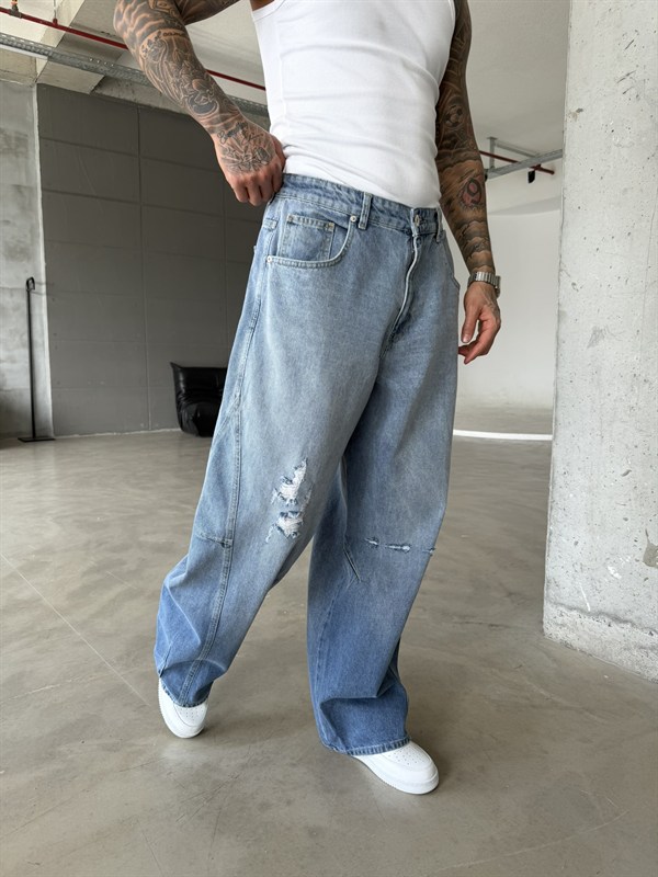 Yırtık Detaylı Super Baggy Pantolon - Mavi