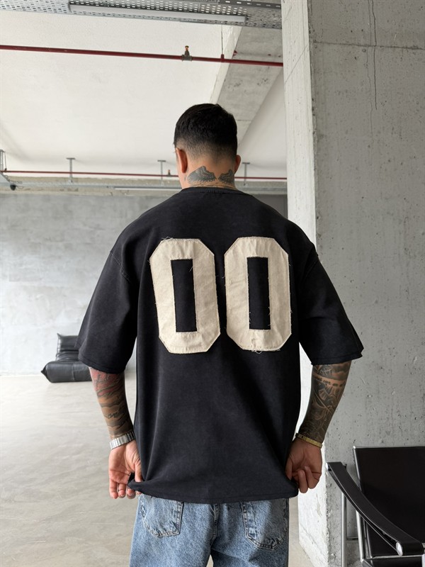 Zero 00 Pacht Detaylı Acid Yıkama T-Shirt - Siyah