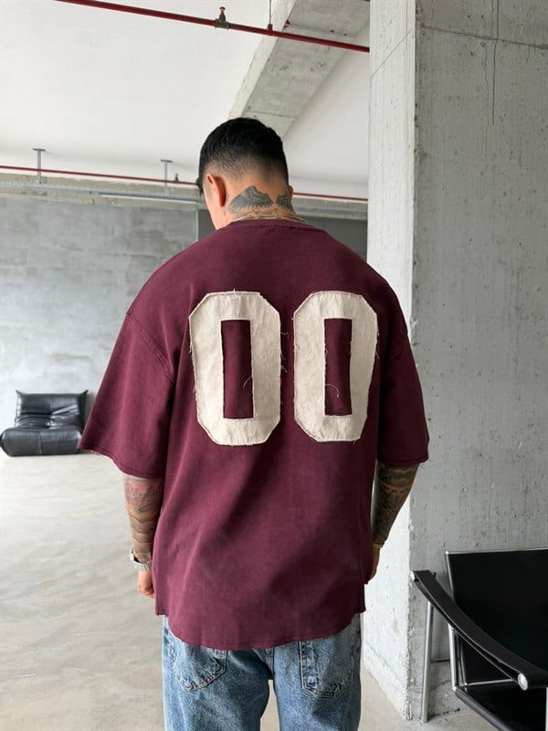 Zero 00 Pacht Detaylı Acid Yıkama T-Shirt - Bordo