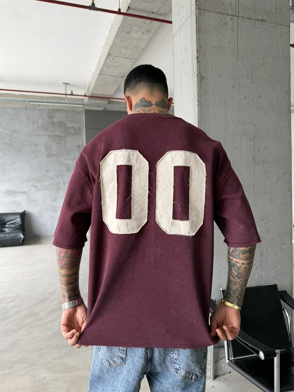 Zero 00 Pacht Detaylı Acid Yıkama T-Shirt - Bordo