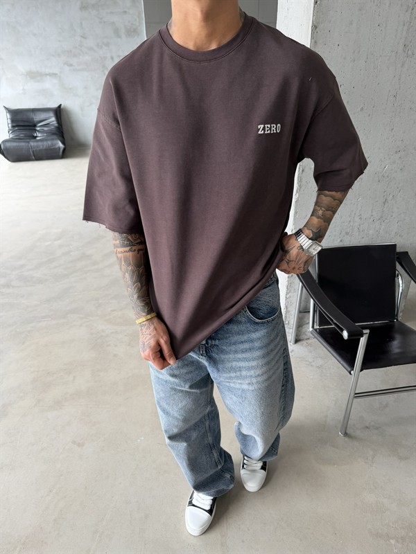 Zero 00 Pacht Detaylı Acid Yıkama T-Shirt - Kahve
