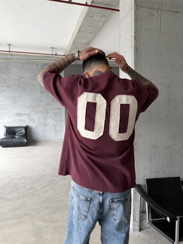Zero 00 Pacht Detaylı Acid Yıkama T-Shirt - Bordo