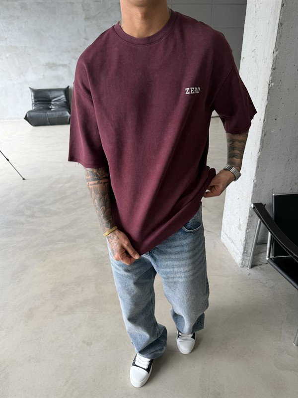 Zero 00 Pacht Detaylı Acid Yıkama T-Shirt - Bordo