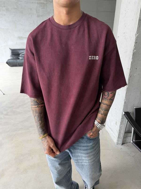 Zero 00 Pacht Detaylı Acid Yıkama T-Shirt - Bordo