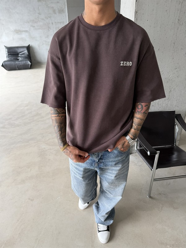 Zero 00 Pacht Detaylı Acid Yıkama T-Shirt - Kahve