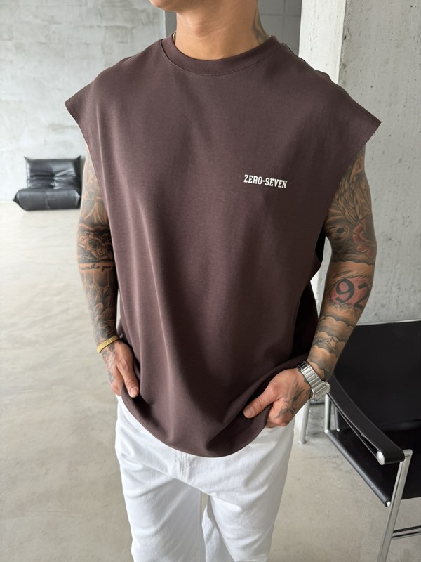 Zero Seven Premium Sıfır Kol T-Shirt - Kahve