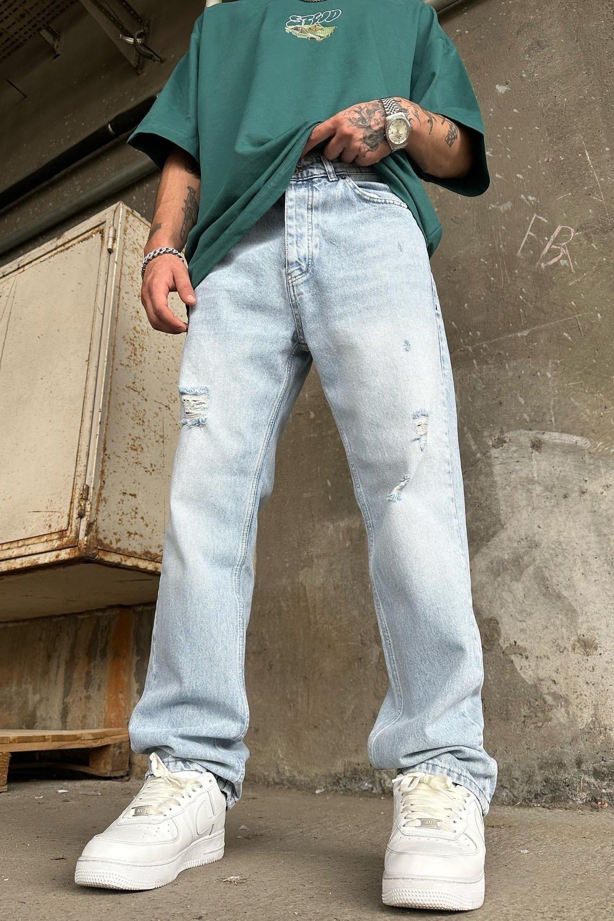 Detaylı Lazerlı Baggy Buz Mavi