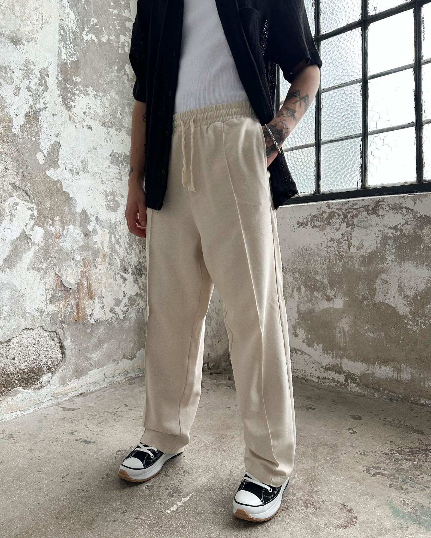 Keten Pile Cizgili Baggy Pantolon Bej