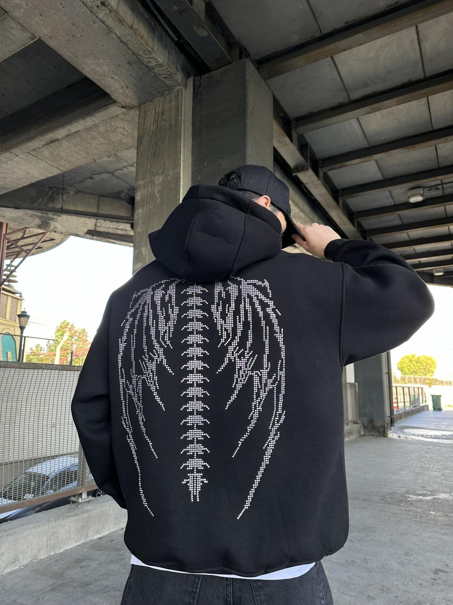 Oversize 'Angel Wing' Baskılı Hoodie Kapüşonlu Sweatshirt Siyah