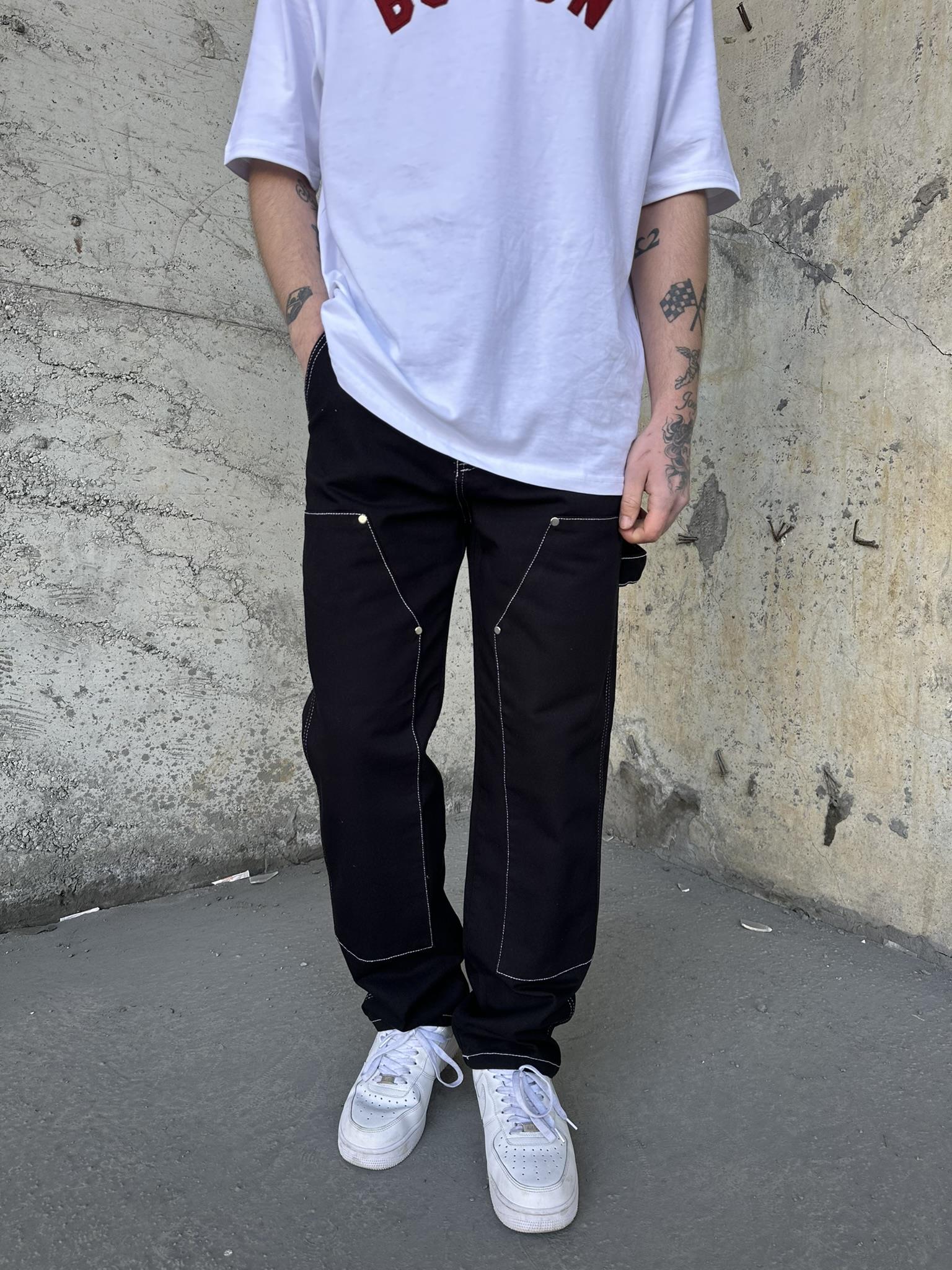 Patch Detaylı Kemerli Baggy Pantolon Siyah-Beyaz · 2