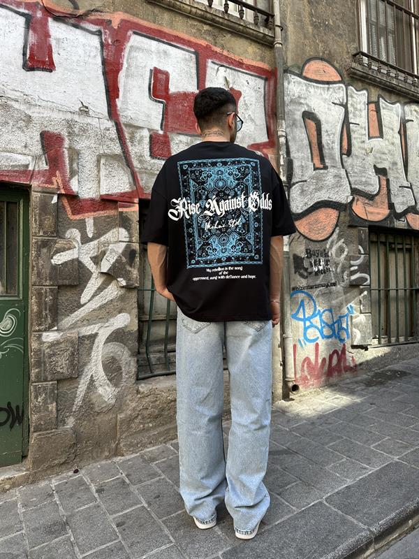 Mchnc Std Carped Siyah Mavi Oversize T-Shirt - Siyah