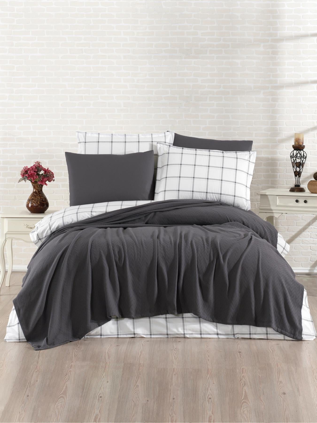 7 Parça Nevresimli Pike Takımı Desten Antrasit