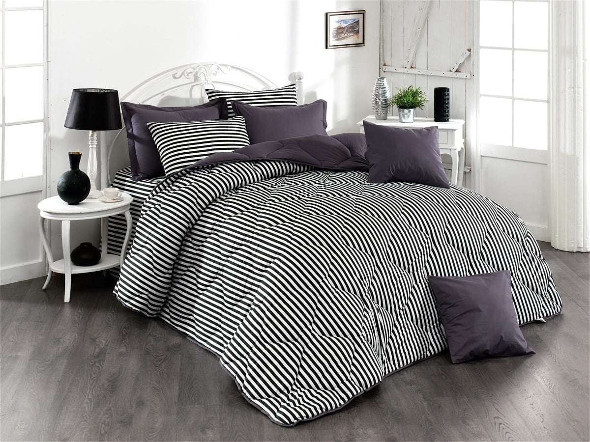 Çift Kişilik Ranforce Uyku Seti Çizgili Antrasit