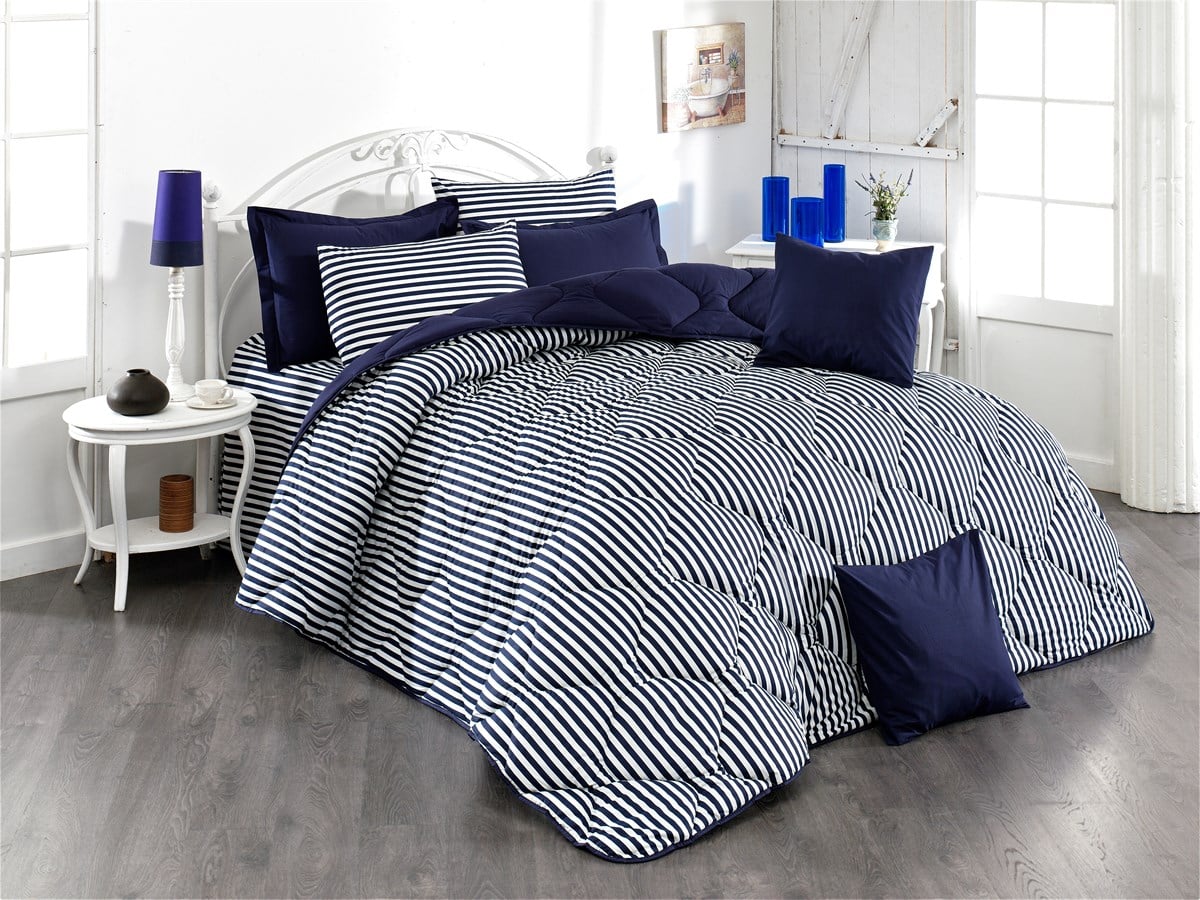 Çift Kişilik Ranforce Uyku Seti Çizgili Lacivert