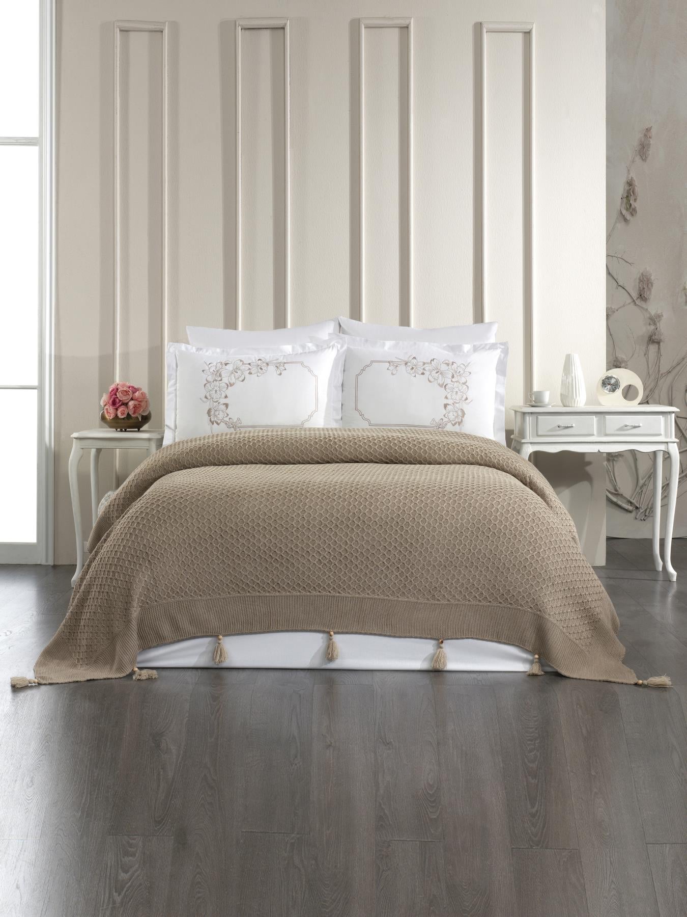 6 Parça Örgü Battaniye Seti Dolce Dark Bej