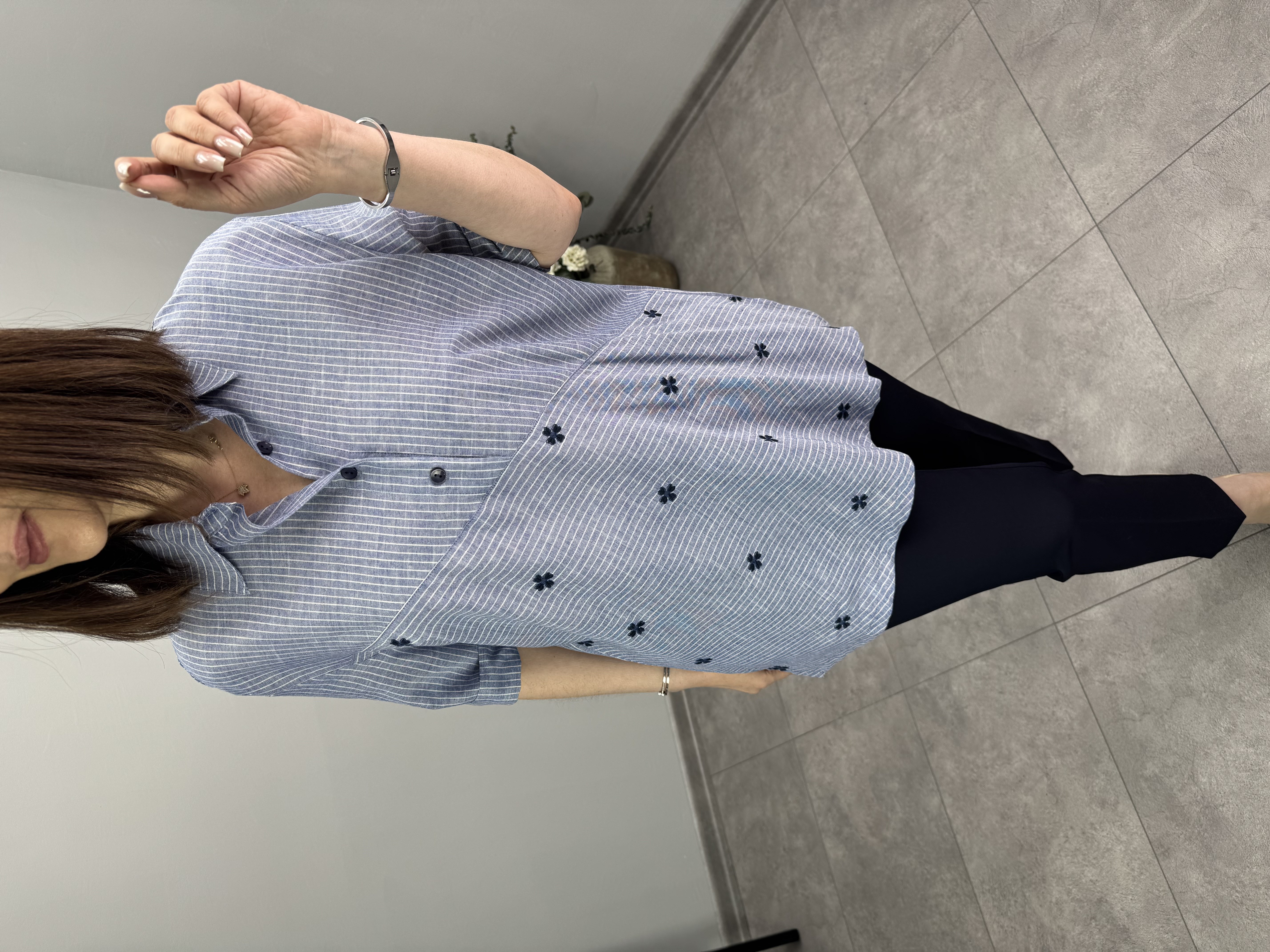 Nakışlı Pamuk Keten Bluz 3445