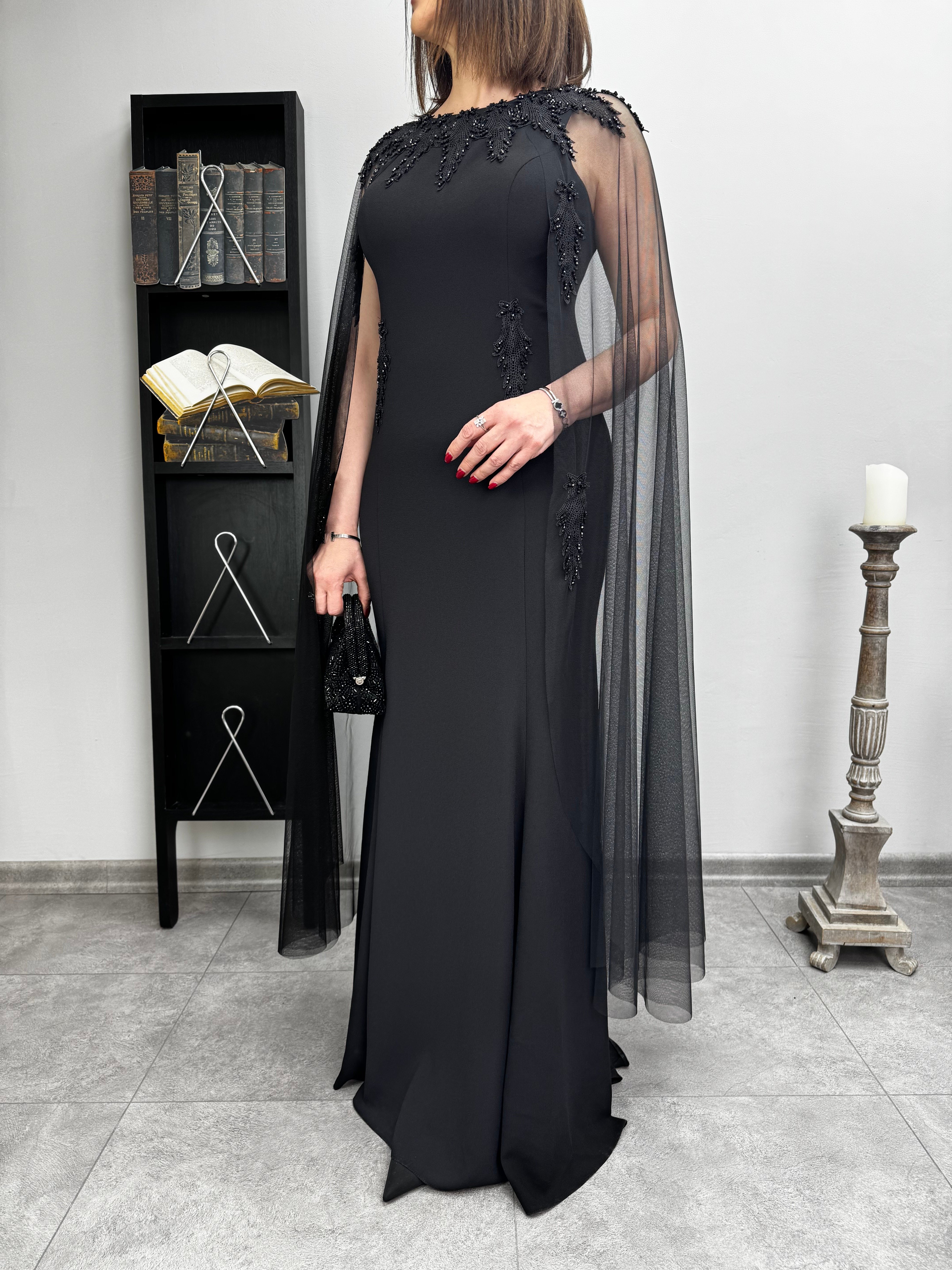 Tül Pelerinli Krep Abiye Elbise 3344