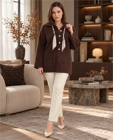Polo Yaka Aksesuarlı Angora Hırka Ceket 4012