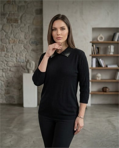 Yakası Taşlı Triko 3871