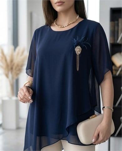 Broşlu Asimetrik Kesim Şifon Bluz 3854