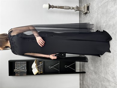 Tül Pelerinli Krep Abiye Elbise 3344