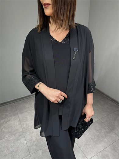 Payetli Broşlu Şifon Ceket 3102