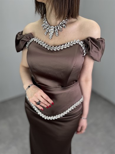 Kristal Taş Detaylı Saten Abiye Elbise 3287