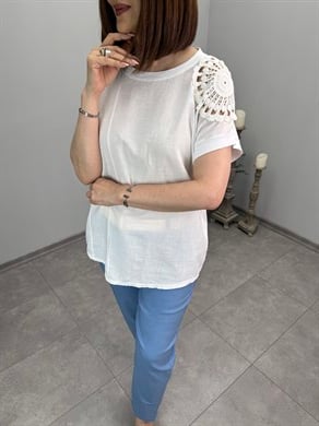 Omuz Dantelli İthal Keten Bluz 3649