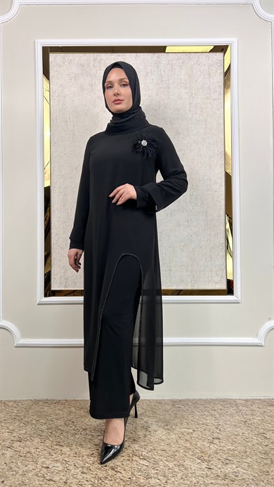 Broşlu Taşlı Şifon Üst ve Pantolonlu Abiye Takım A888