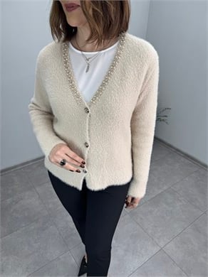 Yakası İnci Ve Taşlı V Yaka Angora Hırka 3985