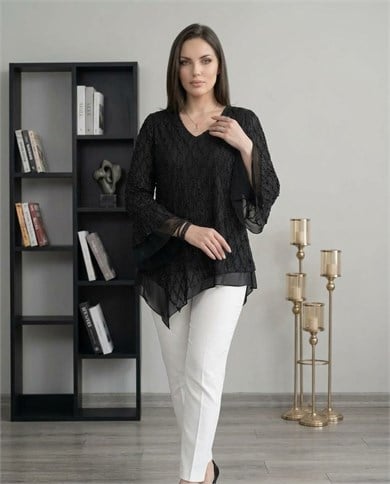 Simli Yakma Şifon Bluz 3866