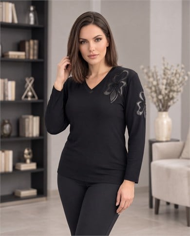 Yakası Çiçek Motifli Triko Bluz 4098